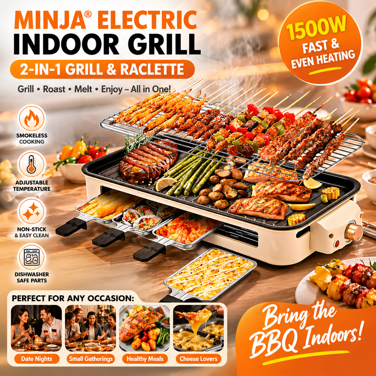 MINJIA Electric Indoor Grill,2 in 1 Indoor Grills